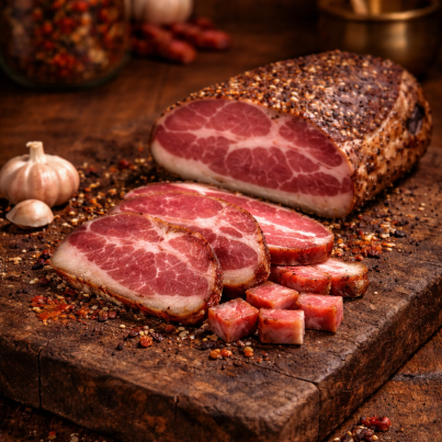 Dry-cured pork neck on cutting board